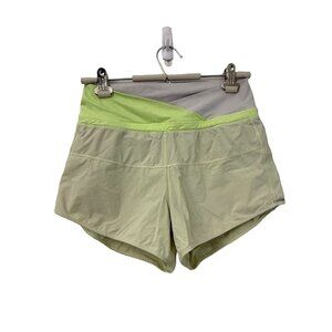 Lululemon Gray Neon Green Cross Over Waist Athletic Lined Shorts Womens Size 4
